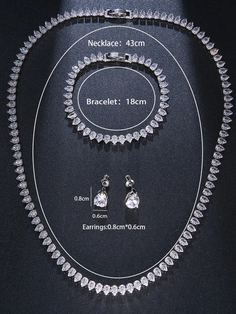 SHEIN طقم مجوهرات فضي زركونيا مكعب قلادة وأقراط وسوار