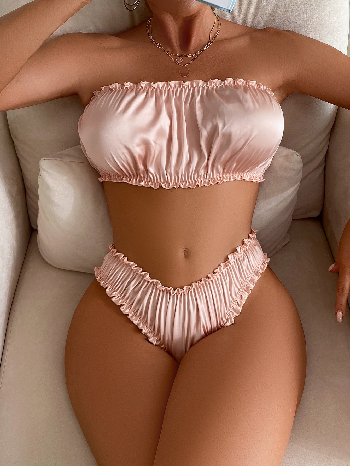 Ruched Frill Trim Bandeau Bra & Panty Lingerie Set