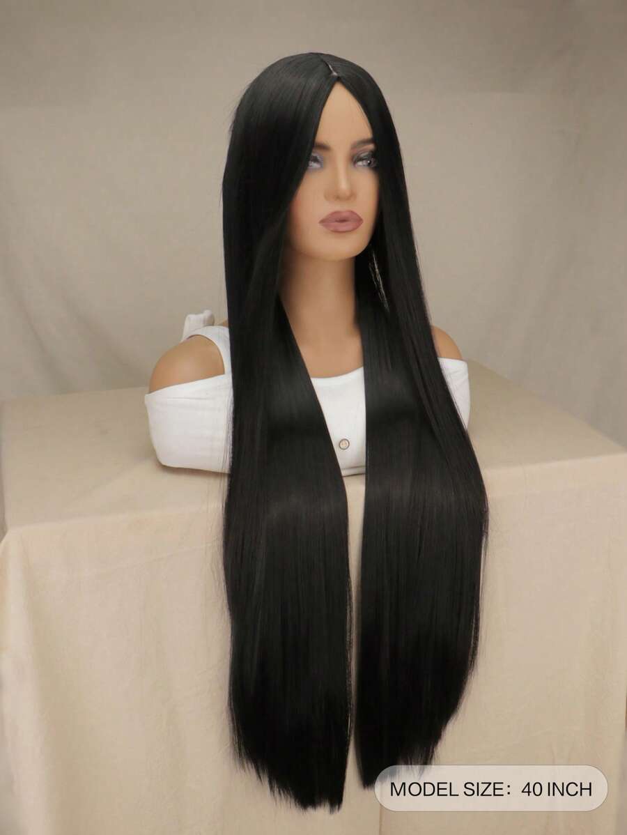 SHEIN باروكة شعر اصطناعي مستقيم أسود 40 بوصة