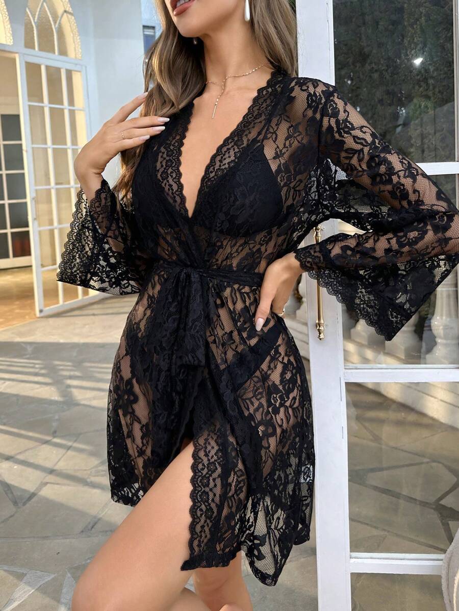 SHEIN SilkySpell روب بحزام دانتيل زهري