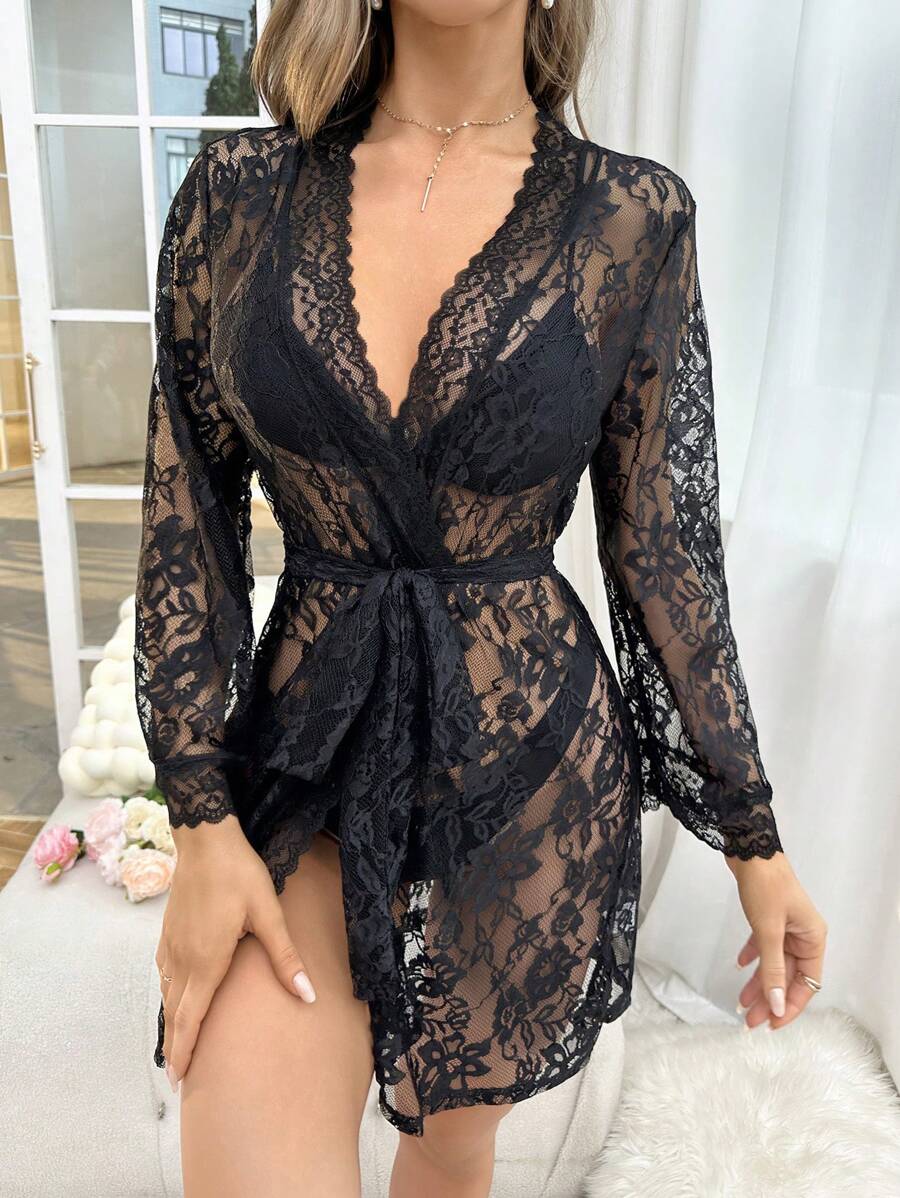 SHEIN SilkySpell روب بحزام دانتيل زهري
