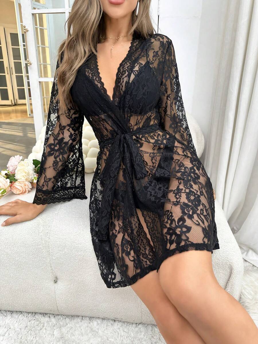 SHEIN SilkySpell روب بحزام دانتيل زهري