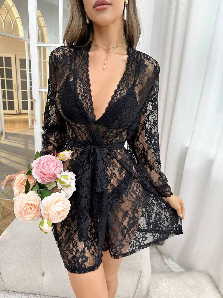 SHEIN SilkySpell روب بحزام دانتيل زهري