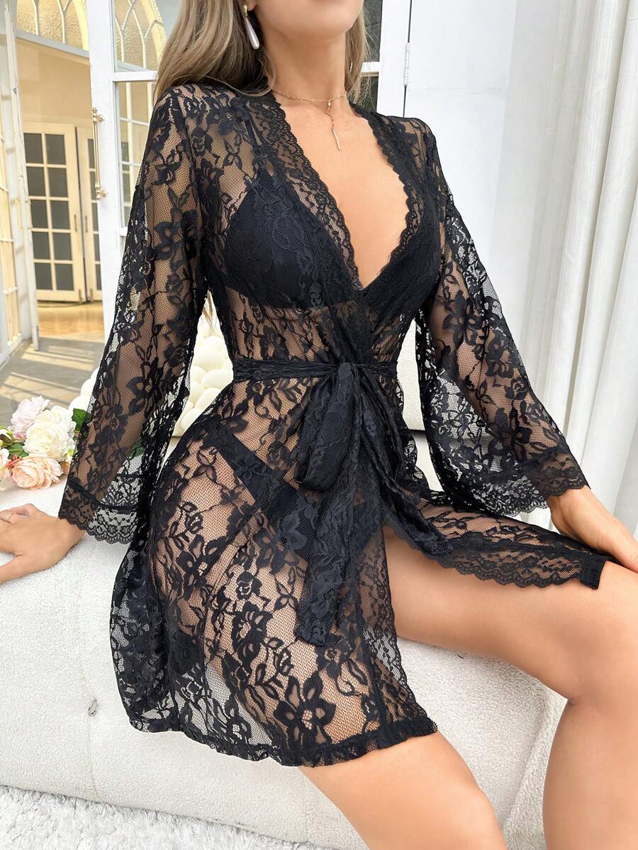 SHEIN SilkySpell روب بحزام دانتيل زهري