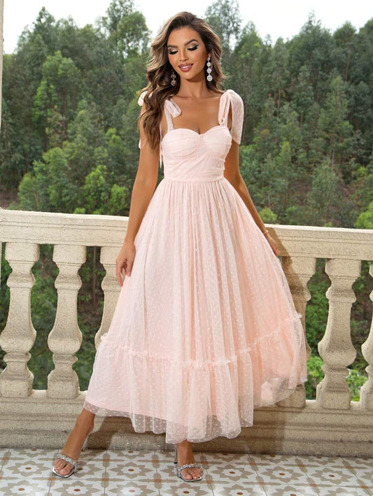 SHEIN JOYFUNEAR فستان كامي شبكي بكشكشة على الكتف وذيل مكشكش