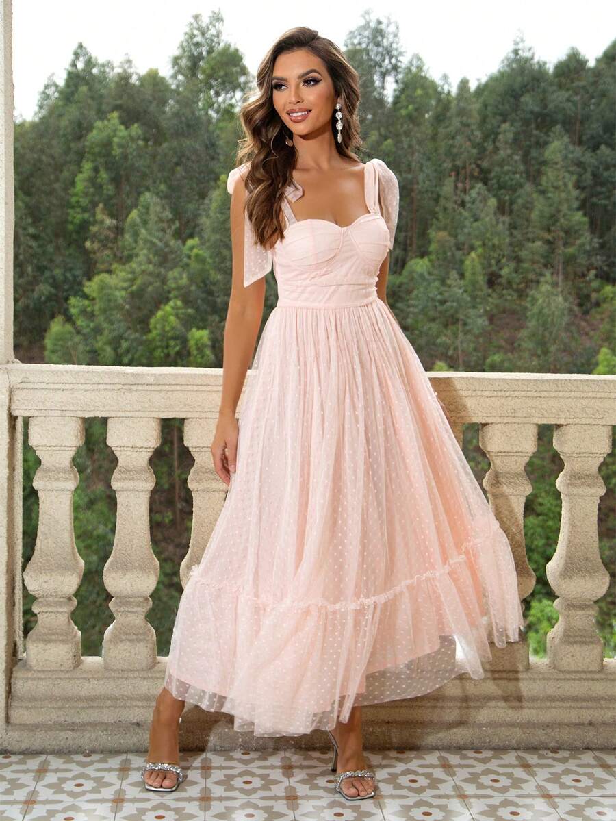 SHEIN JOYFUNEAR فستان كامي شبكي بكشكشة على الكتف وذيل مكشكش