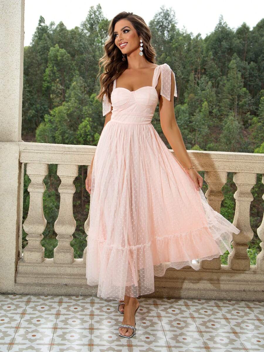 SHEIN JOYFUNEAR فستان كامي شبكي بكشكشة على الكتف وذيل مكشكش