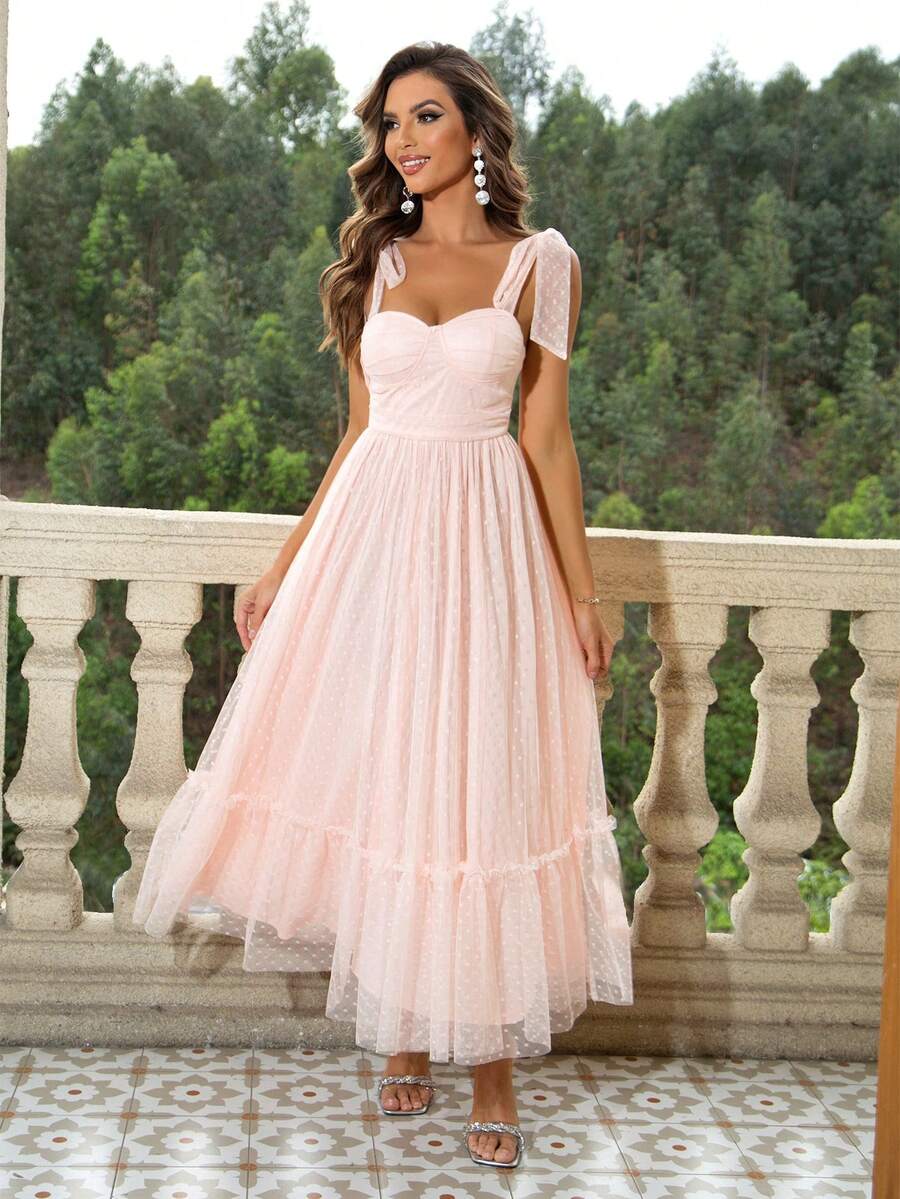 SHEIN JOYFUNEAR فستان كامي شبكي بكشكشة على الكتف وذيل مكشكش