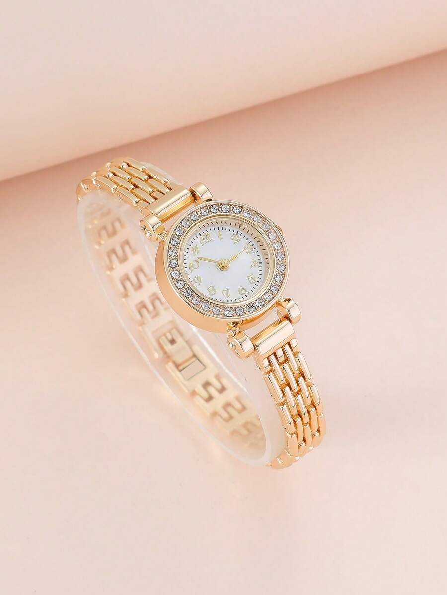 SHEIN ساعة كوارتز نسائية ذهبية مرصعة بالراين