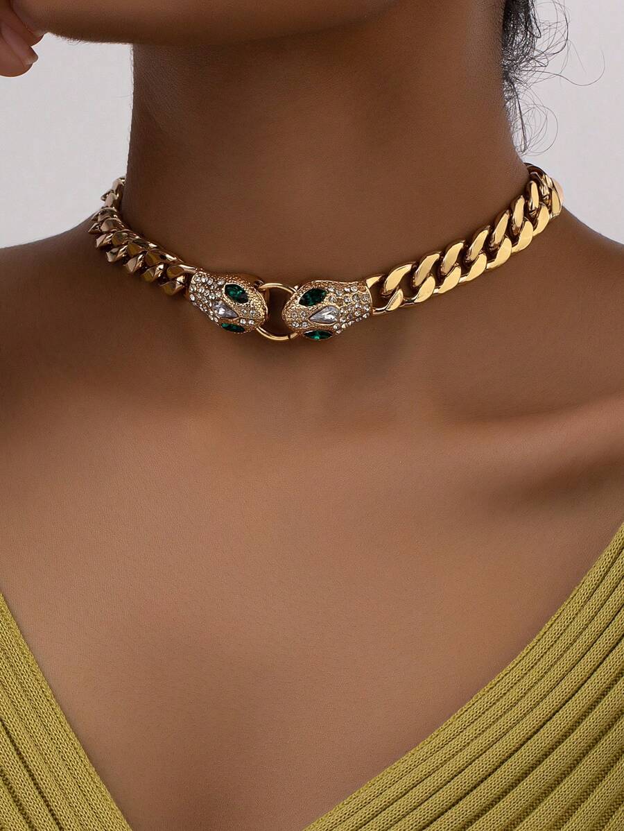 SHEIN قلادة سلسلة ثعبان ذهبية مرصعة بالراين