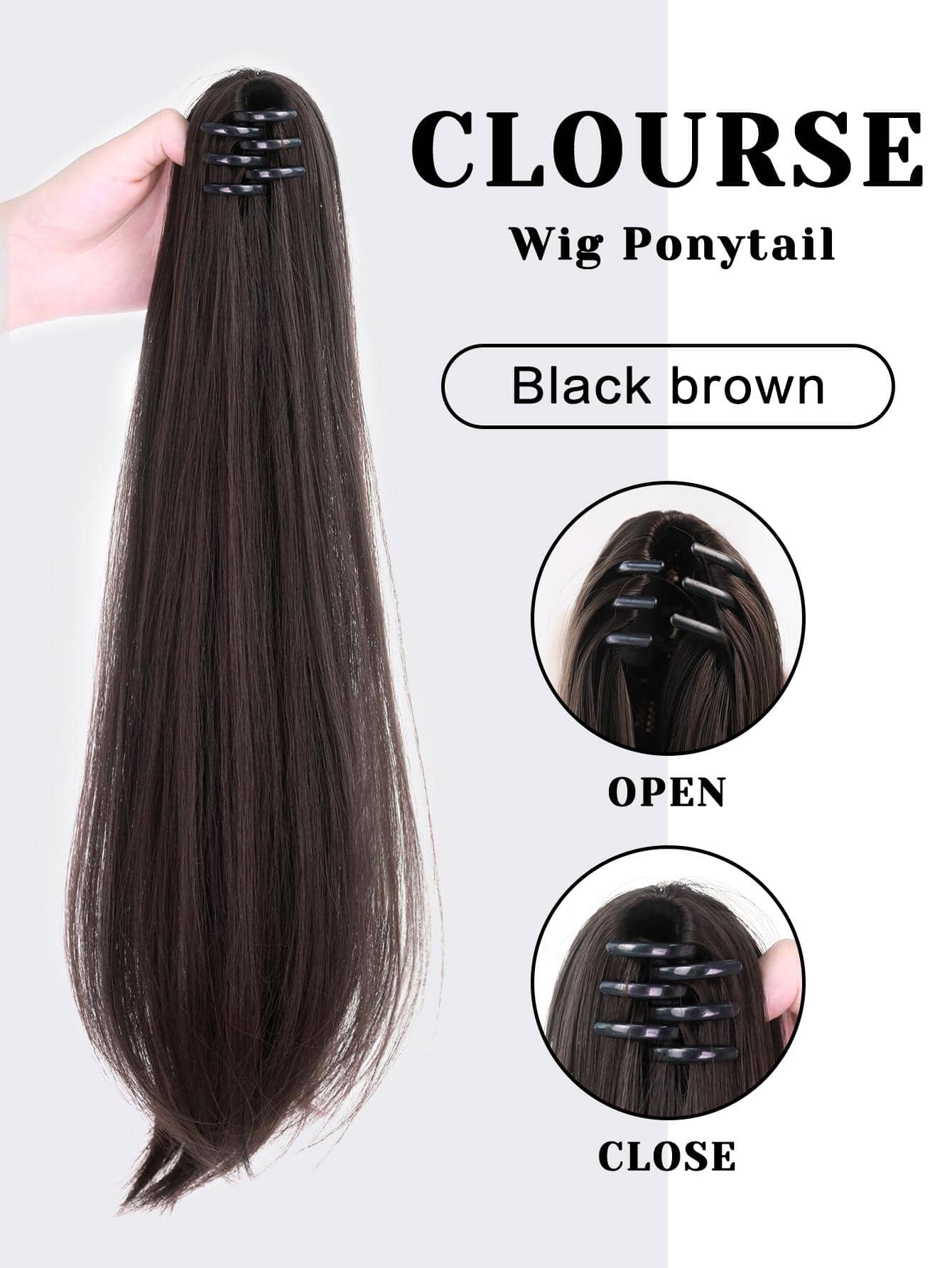 SHEIN 7JHH WIGS باروكة شعر ذيل حصان مستقيم بلون بني غامق 20 بوصة