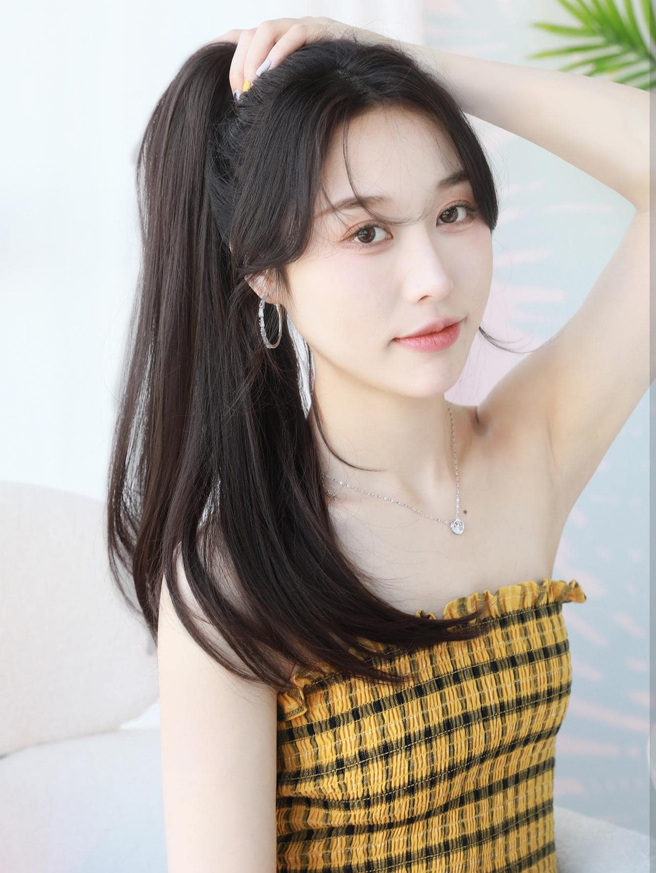 SHEIN 7JHH WIGS باروكة شعر ذيل حصان مستقيم بلون بني غامق 20 بوصة