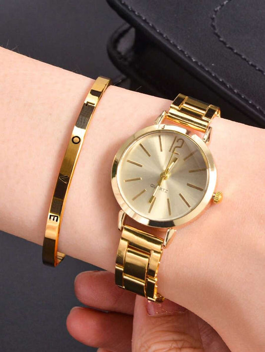 SHEIN ساعة كوارتز نسائية رقيقة مع سوار مذهّب
