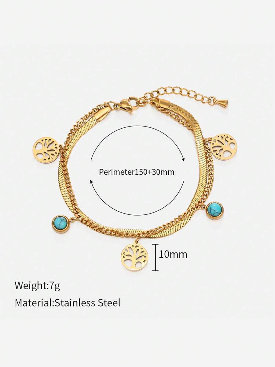 SHEIN سوار فولاذ ذهبي مقاوم للصدأ فيروزي بتعليقة شجرة