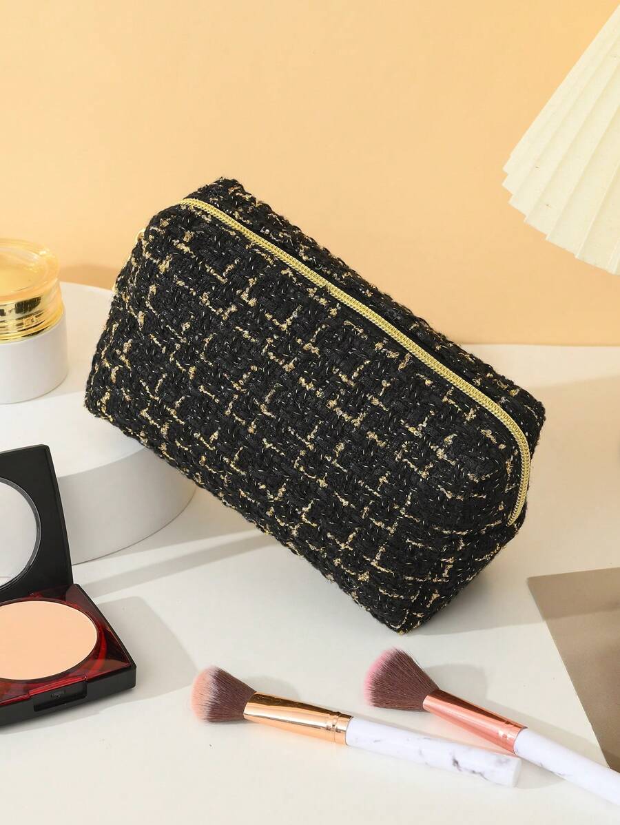 SHEIN حقيبة مكياج سوداء من البوليستر بسحاب ذهبي