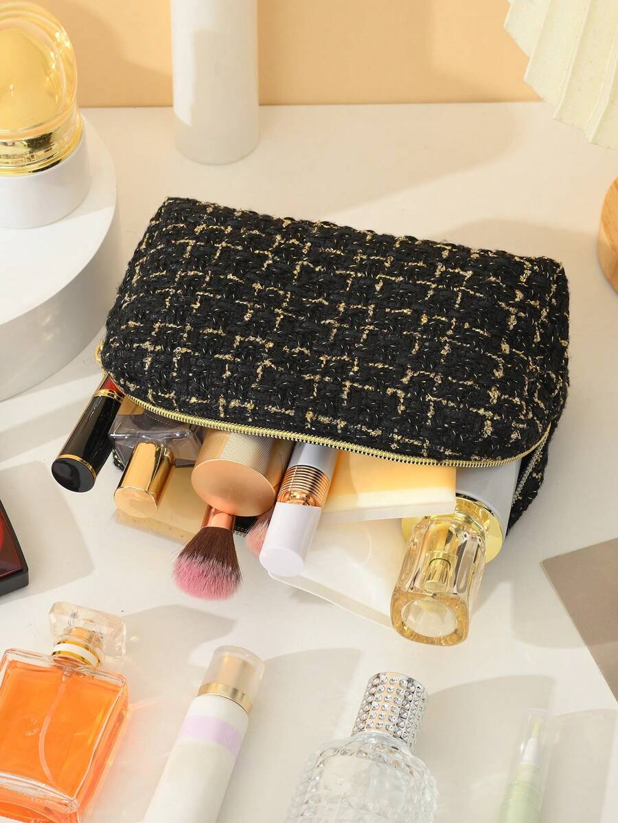SHEIN حقيبة مكياج سوداء من البوليستر بسحاب ذهبي