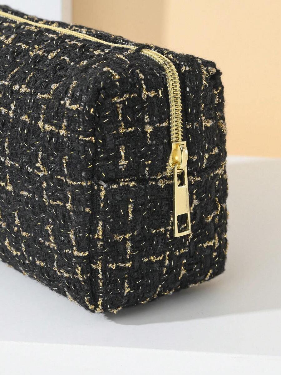 SHEIN حقيبة مكياج سوداء من البوليستر بسحاب ذهبي