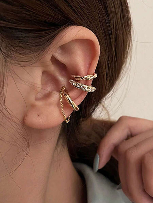 SHEIN طقم زركونيا 3 قطع ذهبي مشبك أذن وأقراط