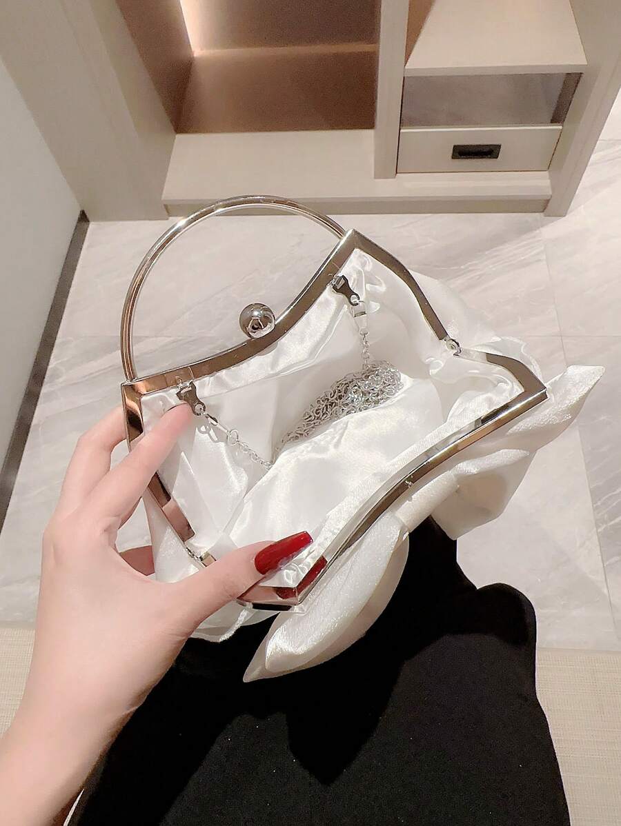 SHEIN حقيبة دلو صغيرة بيضاء مزينة بالراين ستون وخرز