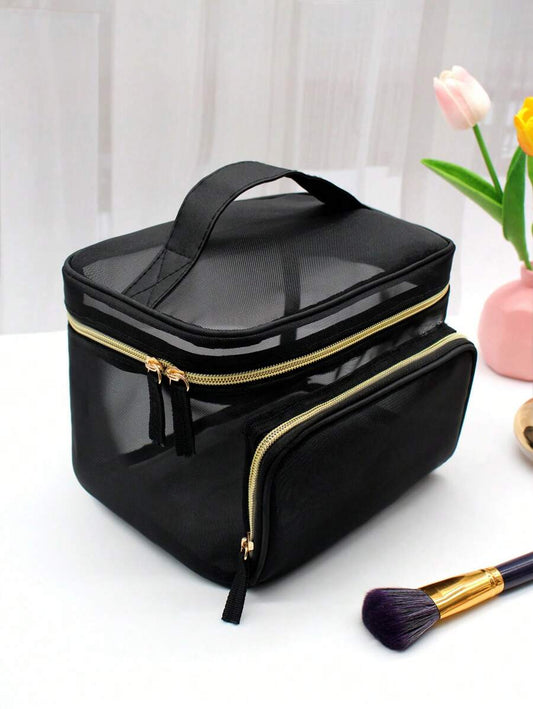 SHEIN حقيبة مكياج سوداء شبكية كبيرة للتخزين