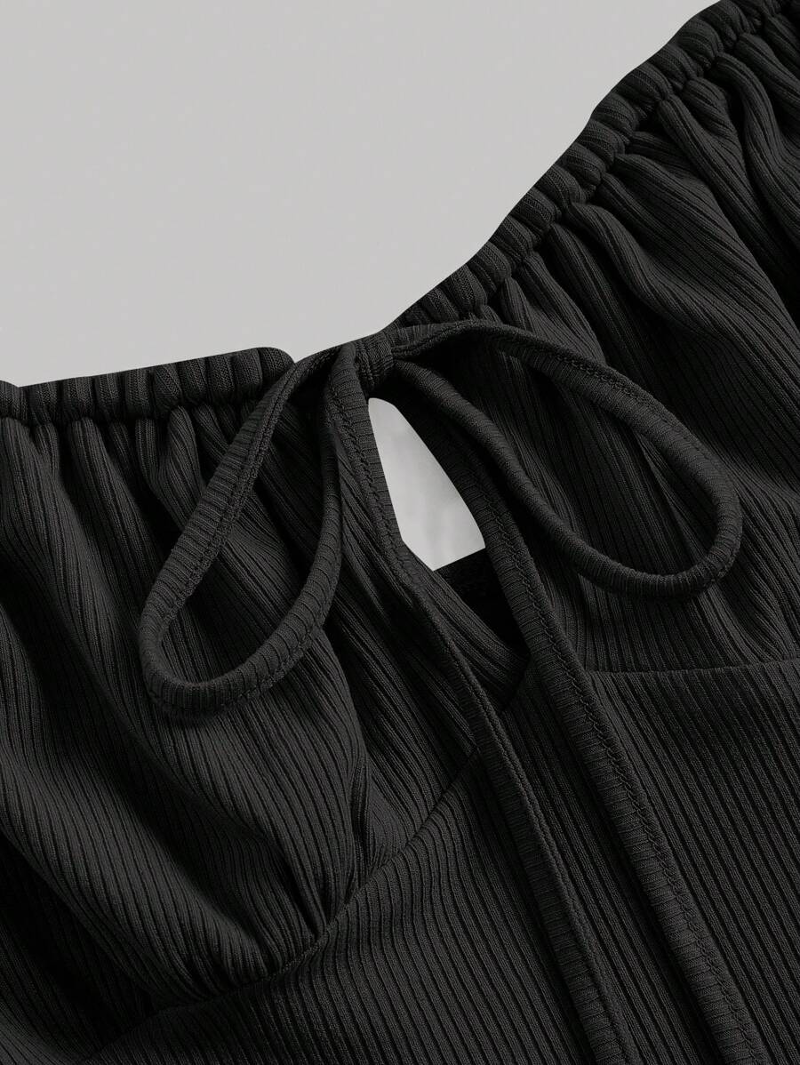 SHEIN MOD فستان كامي أسود برباط علي الكتف وصدر مجعد وربطة أمامية