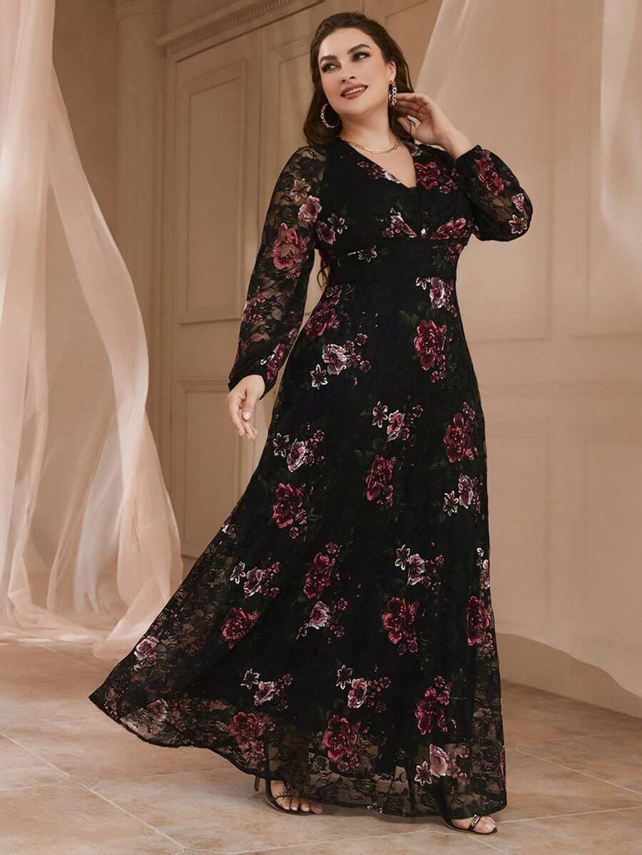 SHEIN فستان أسود للمقاسات الكبيرة بطبعة زهور وأكمام فوانيس