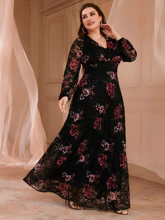 SHEIN فستان أسود للمقاسات الكبيرة بطبعة زهور وأكمام فوانيس