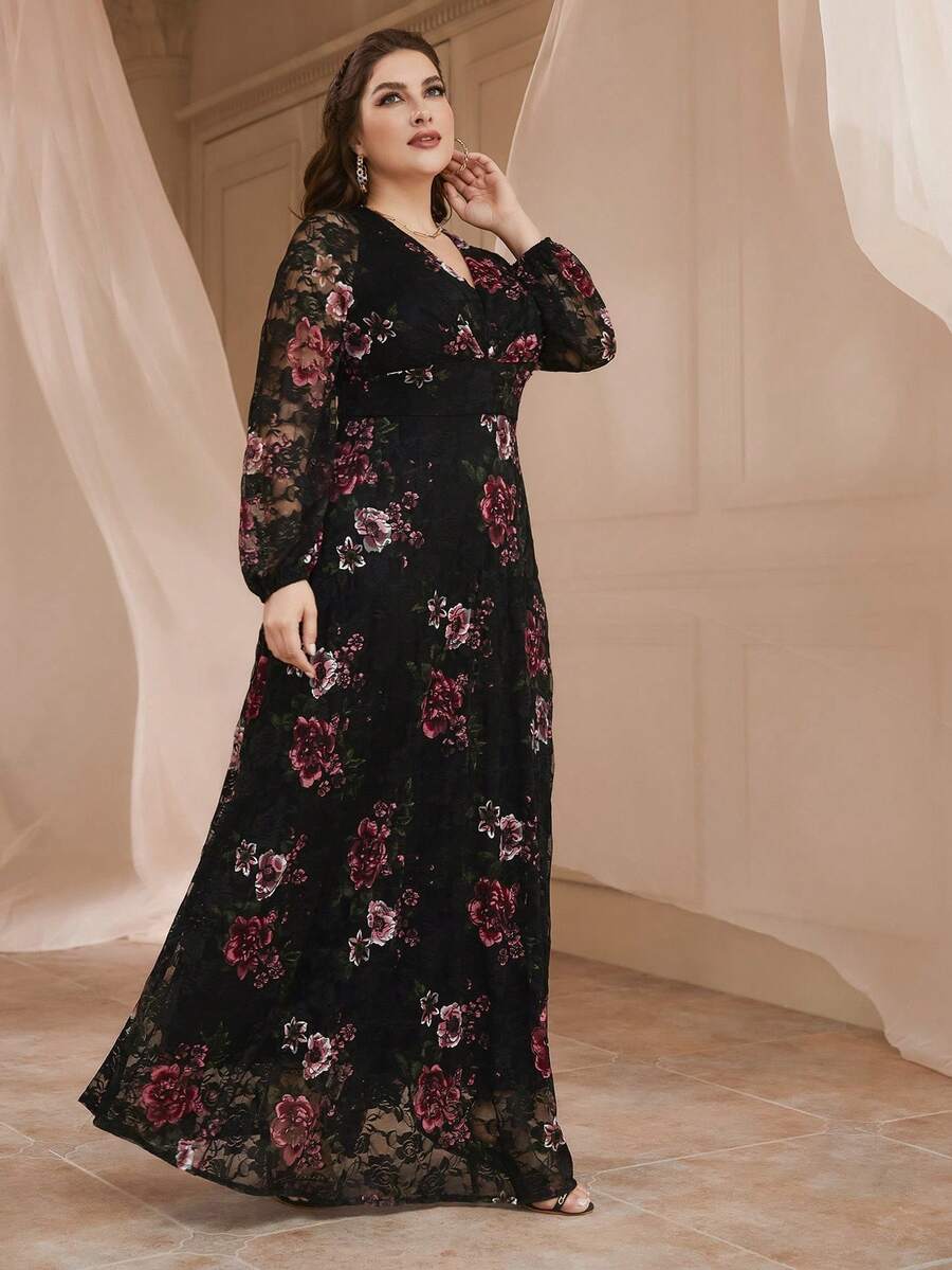 SHEIN فستان أسود للمقاسات الكبيرة بطبعة زهور وأكمام فوانيس