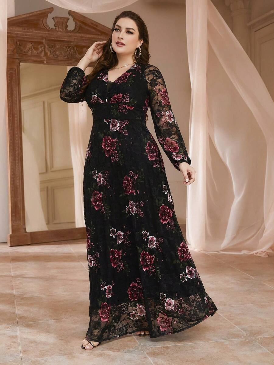 SHEIN فستان أسود للمقاسات الكبيرة بطبعة زهور وأكمام فوانيس