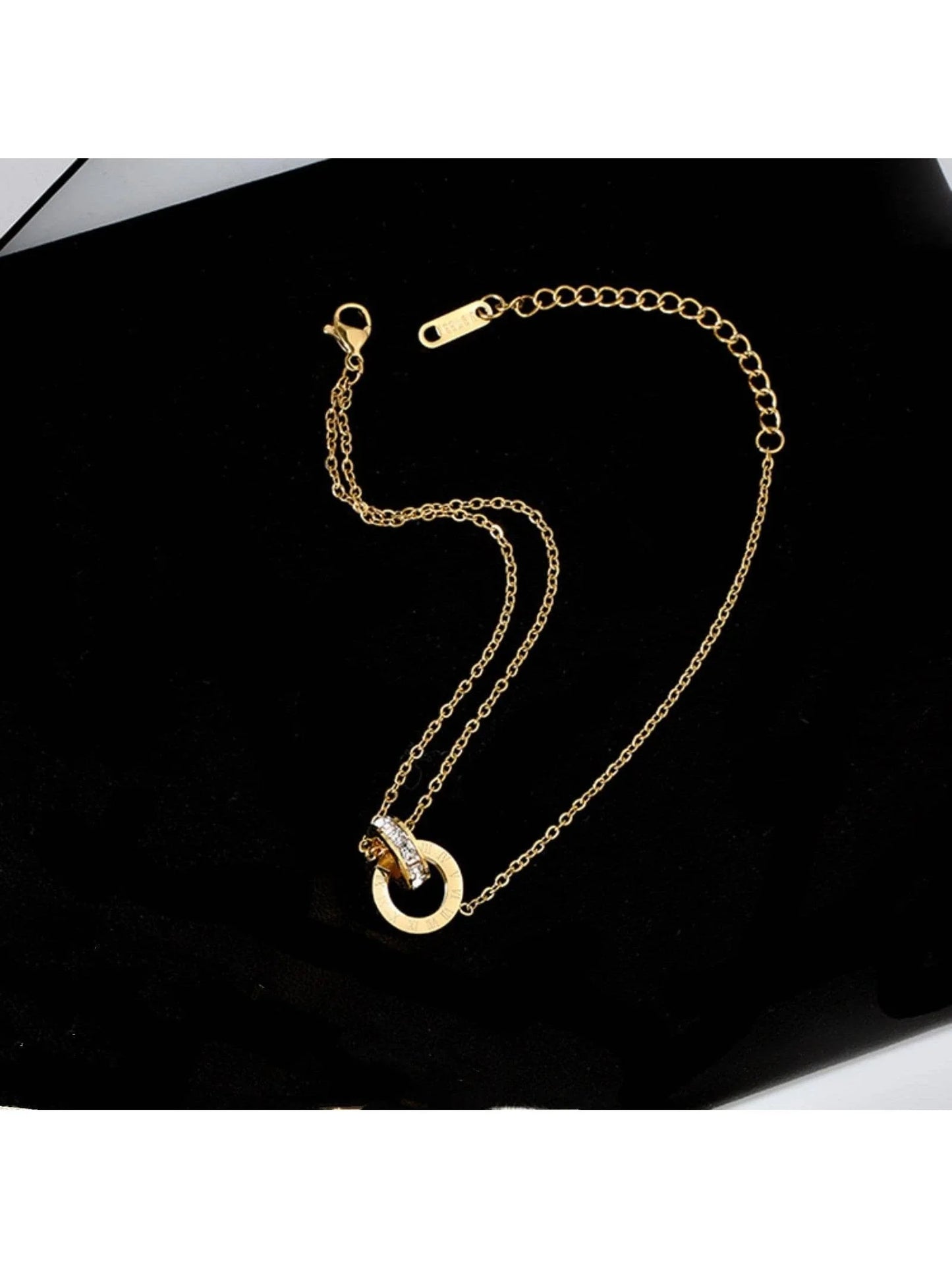 3Pcs/Set Fashion Stainless Steel Cubic Zirconia Detail Double Ring Pendant Necklace & Drop Earrings Jewelry Set for Women for Party