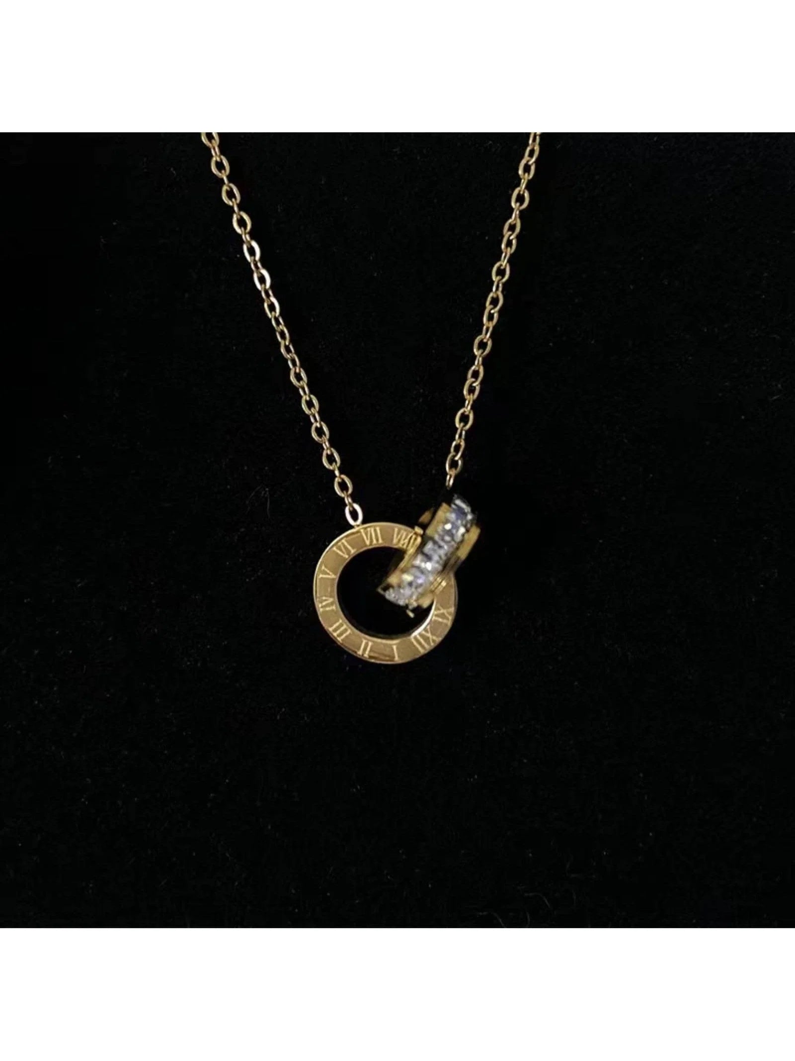 3Pcs/Set Fashion Stainless Steel Cubic Zirconia Detail Double Ring Pendant Necklace & Drop Earrings Jewelry Set for Women for Party