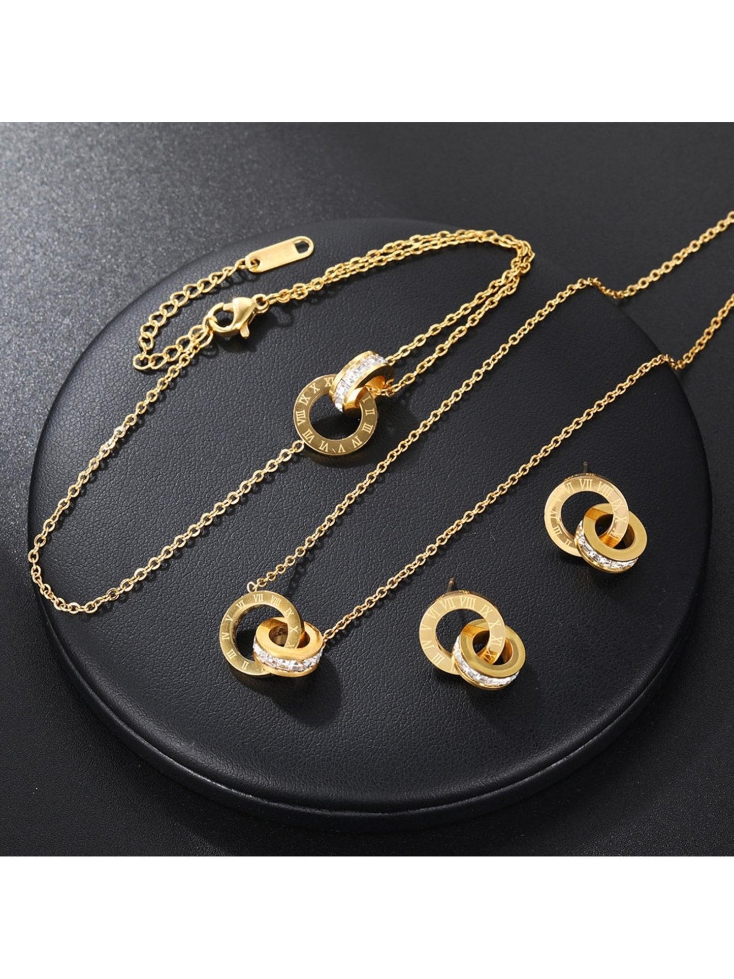 3Pcs/Set Fashion Stainless Steel Cubic Zirconia Detail Double Ring Pendant Necklace & Drop Earrings Jewelry Set for Women for Party