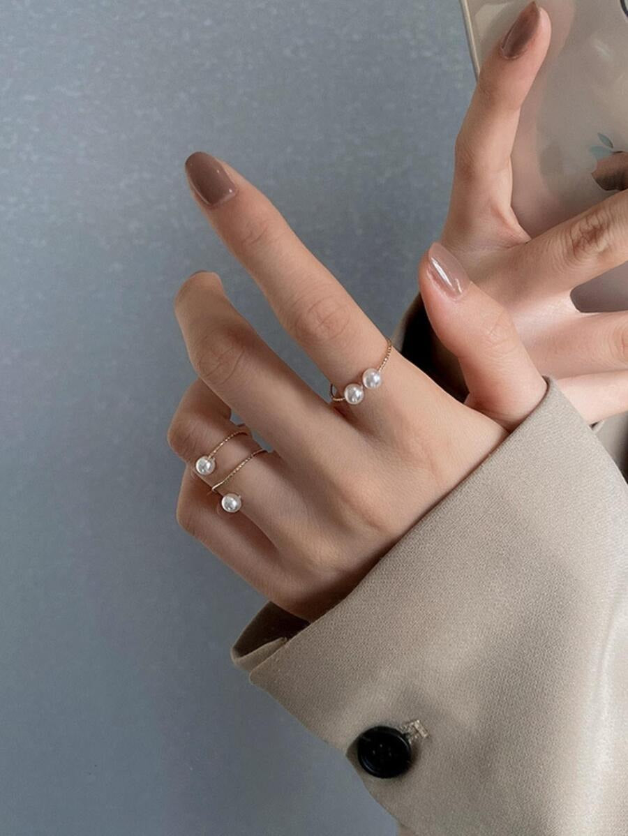 SHEIN خاتم نسائي ثلاثي الطبقات قابل للتعديل مزين باللؤلؤ وحجر الراين بلون ذهبي أصفر