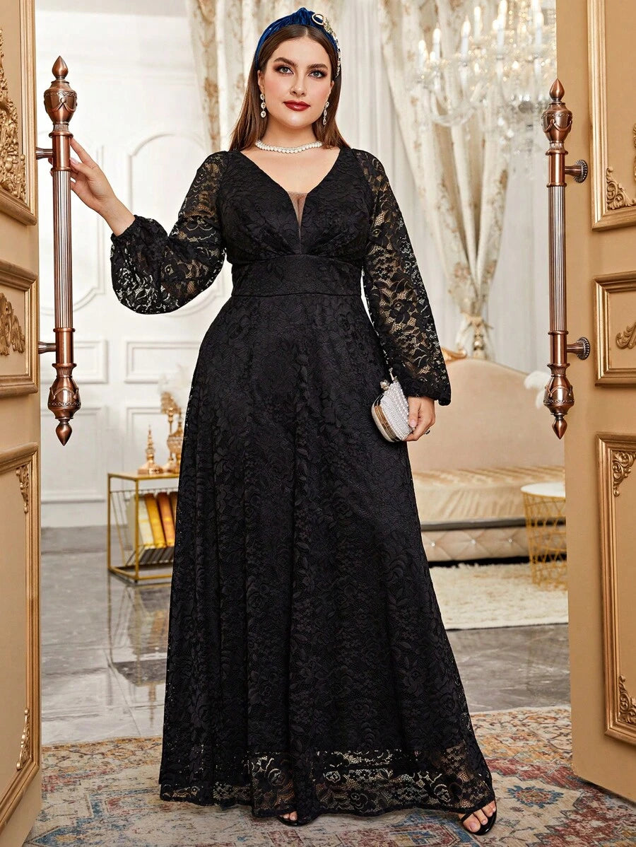SHEIN Cravure فستان أسود طويل رسمي بأكمام فانوس وتفاصيل دانتيل وشبك