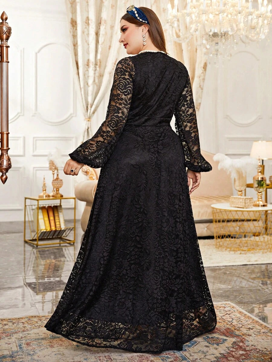 SHEIN Cravure فستان أسود طويل رسمي بأكمام فانوس وتفاصيل دانتيل وشبك