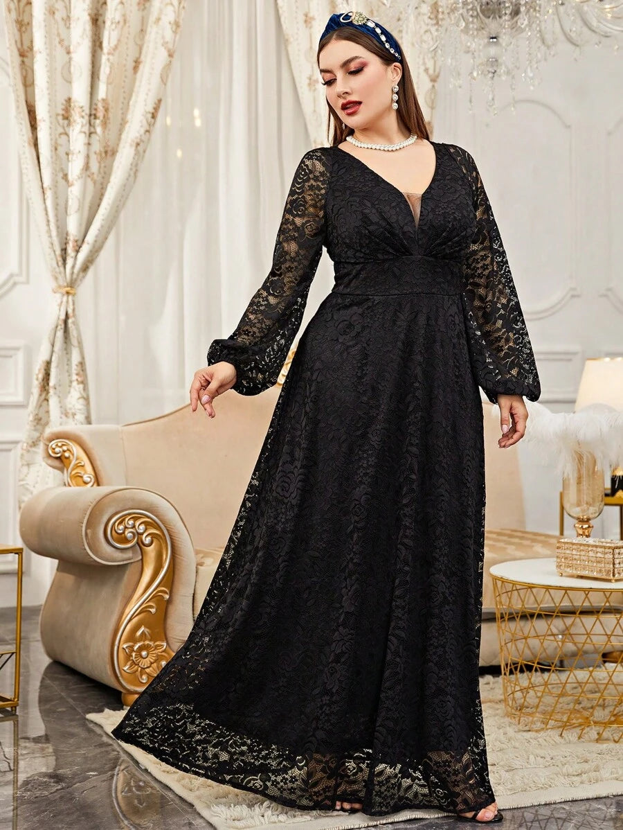 SHEIN Cravure فستان أسود طويل رسمي بأكمام فانوس وتفاصيل دانتيل وشبك