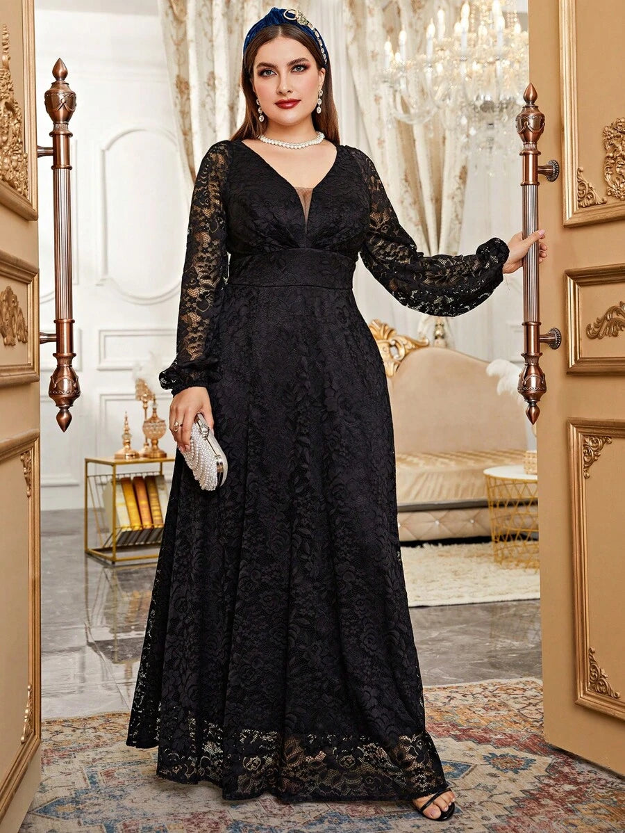 SHEIN Cravure فستان أسود طويل رسمي بأكمام فانوس وتفاصيل دانتيل وشبك