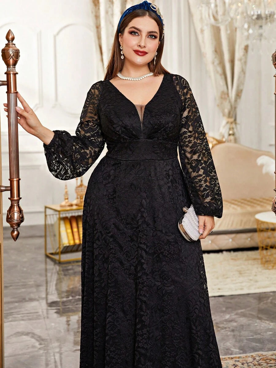 SHEIN Cravure فستان أسود طويل رسمي بأكمام فانوس وتفاصيل دانتيل وشبك