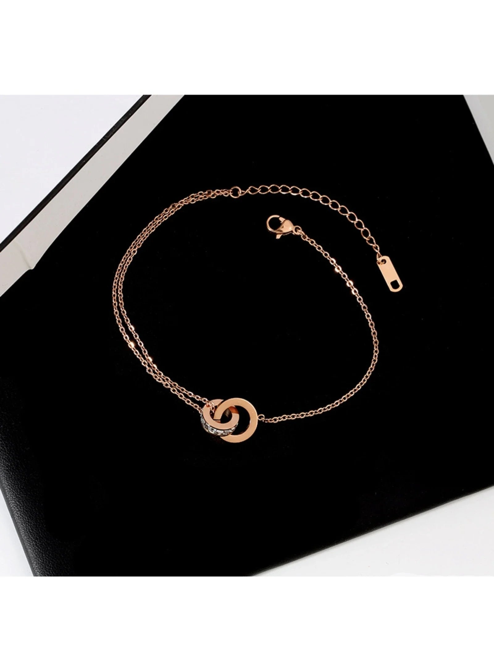 3Pcs/Set Fashion Stainless Steel Cubic Zirconia Detail Double Ring Pendant Necklace & Drop Earrings Jewelry Set for Women for Party