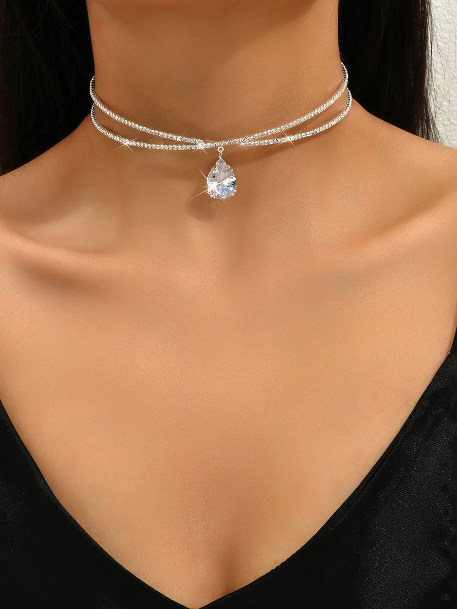 SHEIN قلادة مكعب زركونيا قطرة ماء متعددة الطبقات