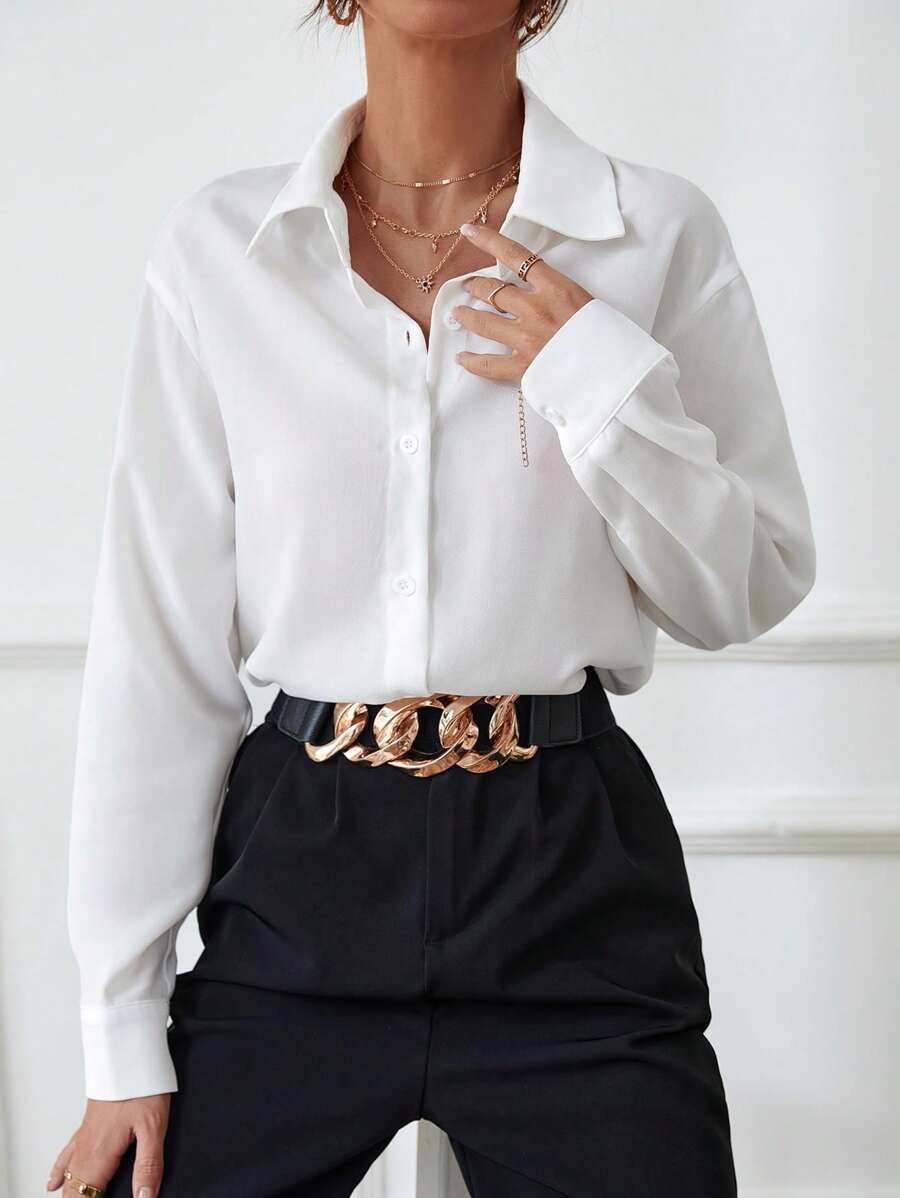 SHEIN Rafferiza قميص أبيض سادة بأكمام طويلة