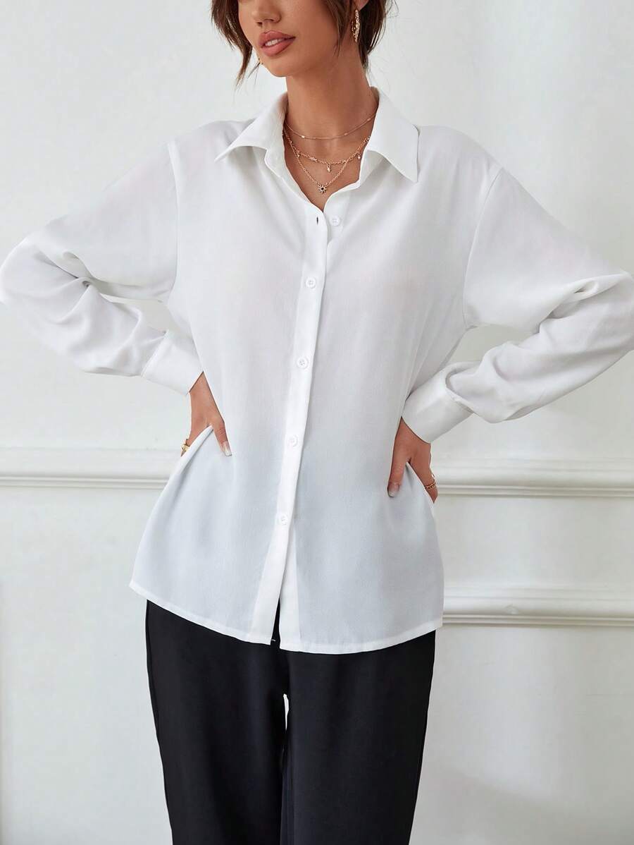 SHEIN Rafferiza قميص أبيض سادة بأكمام طويلة