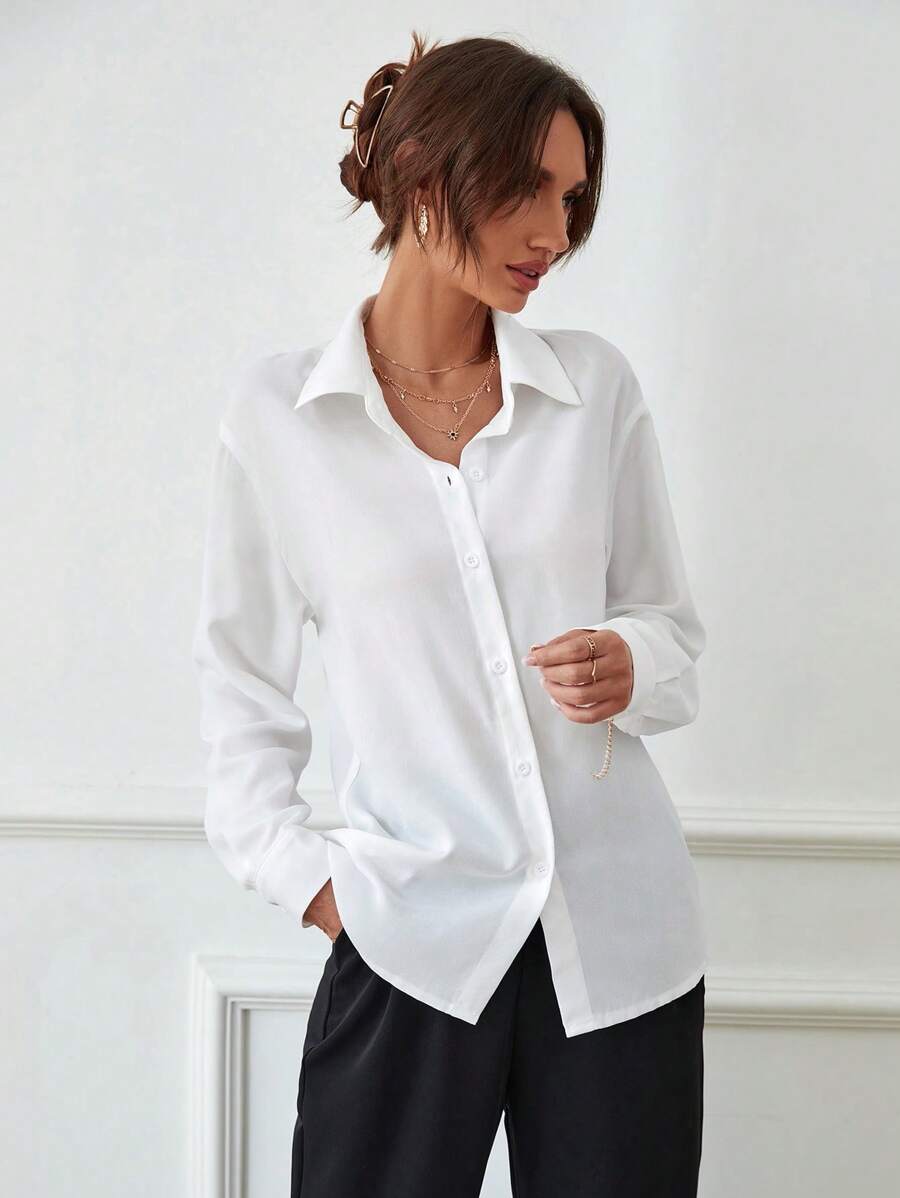 SHEIN Rafferiza قميص أبيض سادة بأكمام طويلة