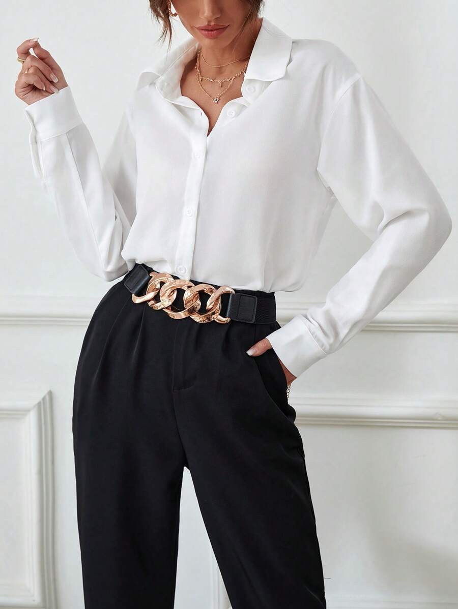 SHEIN Rafferiza قميص أبيض سادة بأكمام طويلة