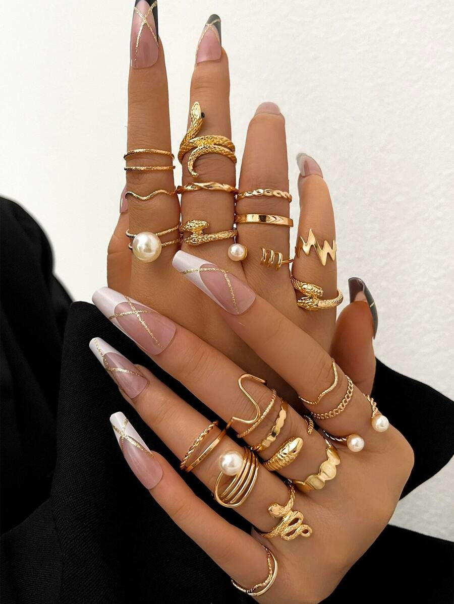 SHEIN مجموعة خواتم نسائية 23 قطعة مزينة باللؤلؤ الاصطناعي