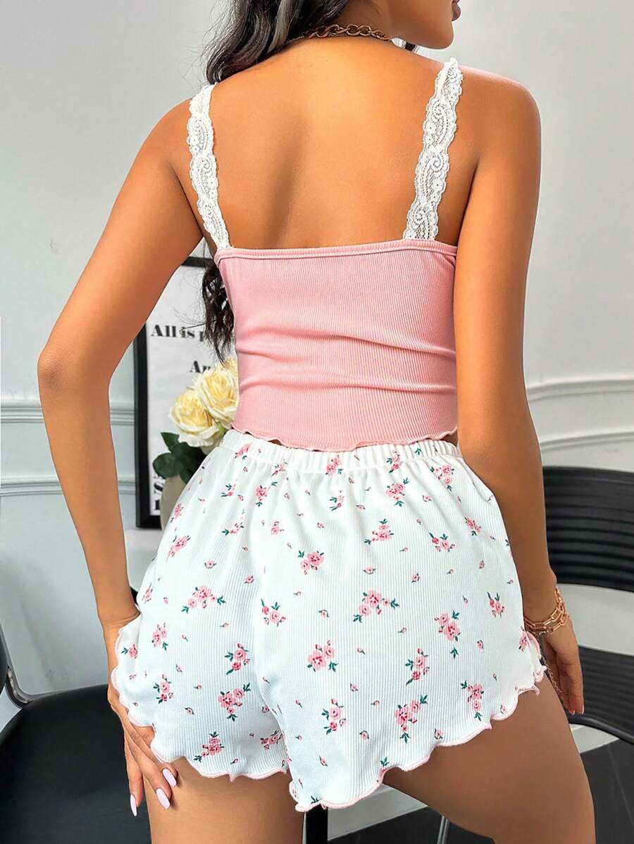 SHEIN CottageSlumber طقم بيجامة مزين بطبعة زهور ودانتيل مع فيونكة أمامية