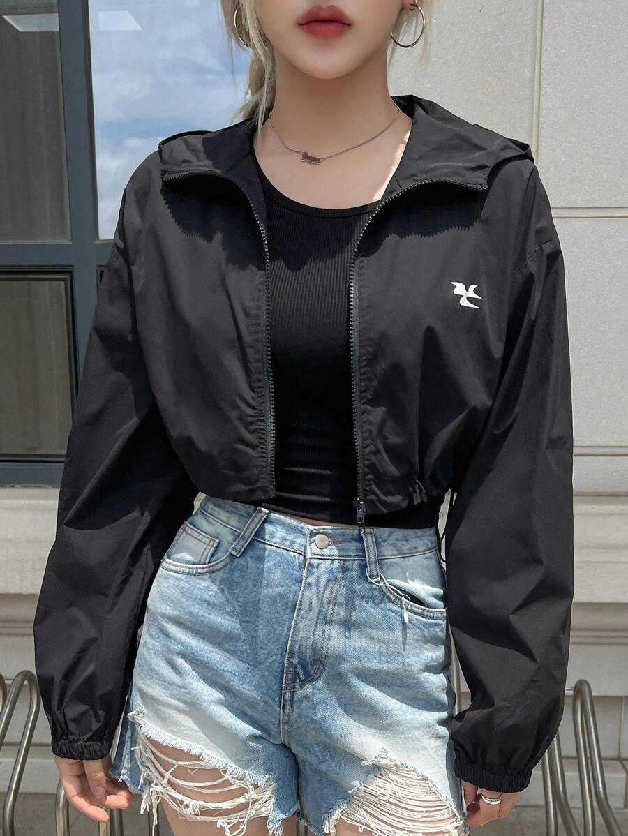 SHEIN DAZY جاكيت نسائي قصير بسحاب وكابوشون وطباعة جرافيك