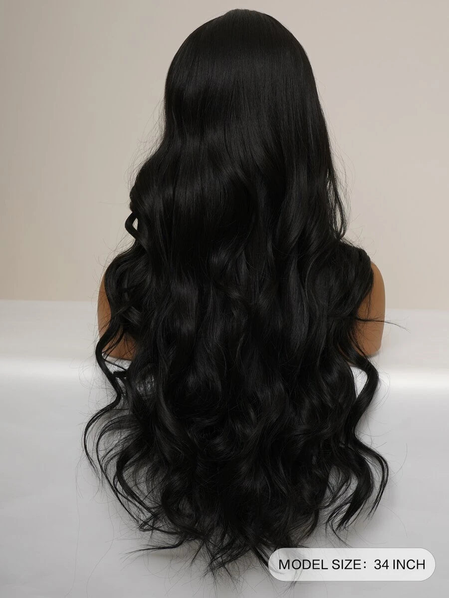 SHEIN باروكة شعر أسود طويل مموج 34 بوصة مقاومة للحرارة