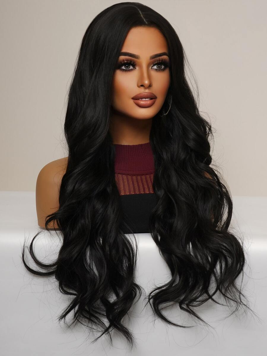 SHEIN باروكة شعر أسود طويل مموج 34 بوصة مقاومة للحرارة