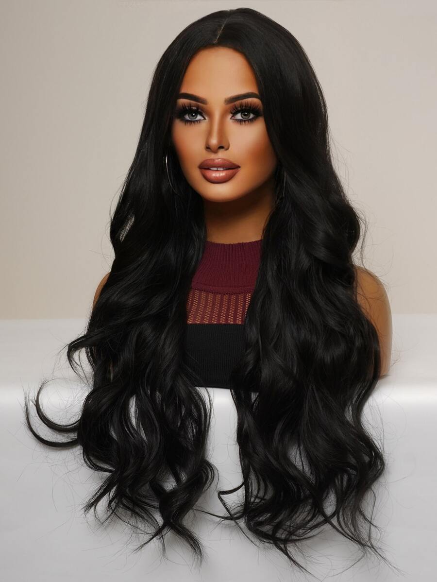 SHEIN باروكة شعر أسود طويل مموج 34 بوصة مقاومة للحرارة